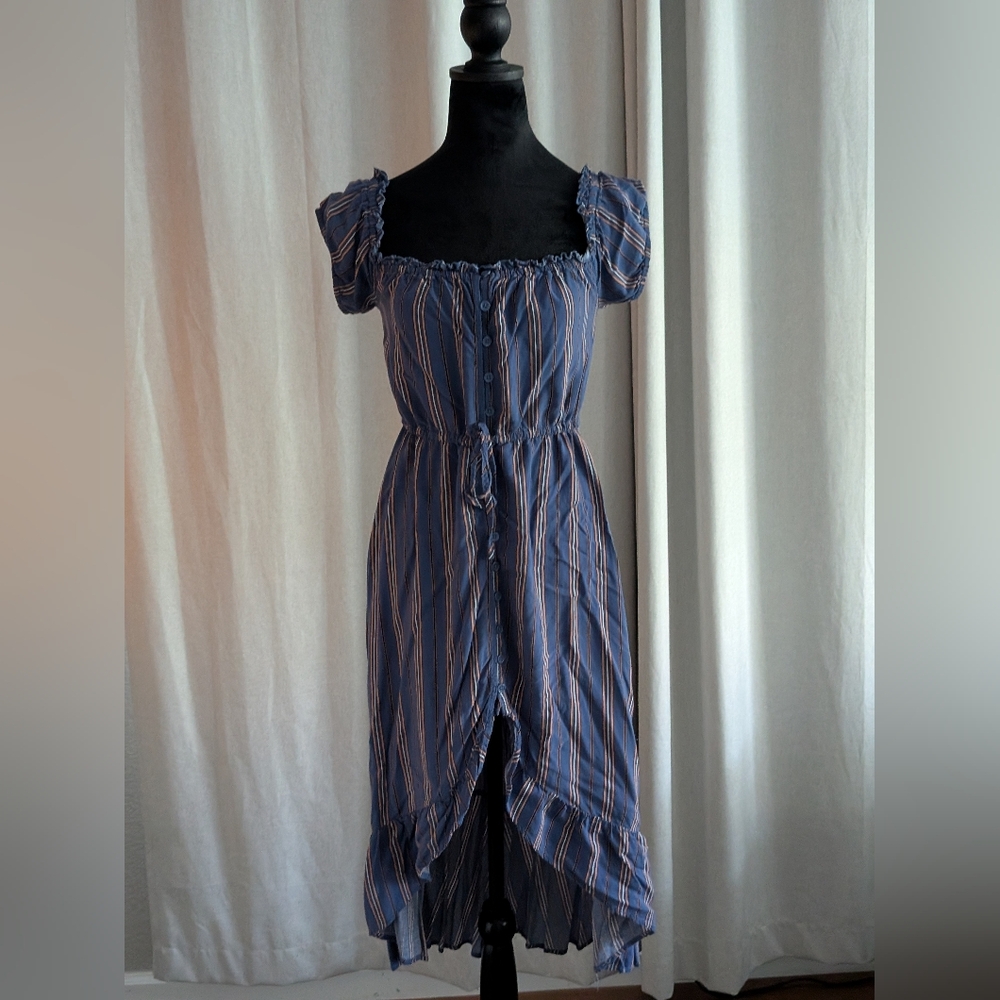 Band of Gypsies Blue Striped High Low Off The Shoulder Milkmaid Dress